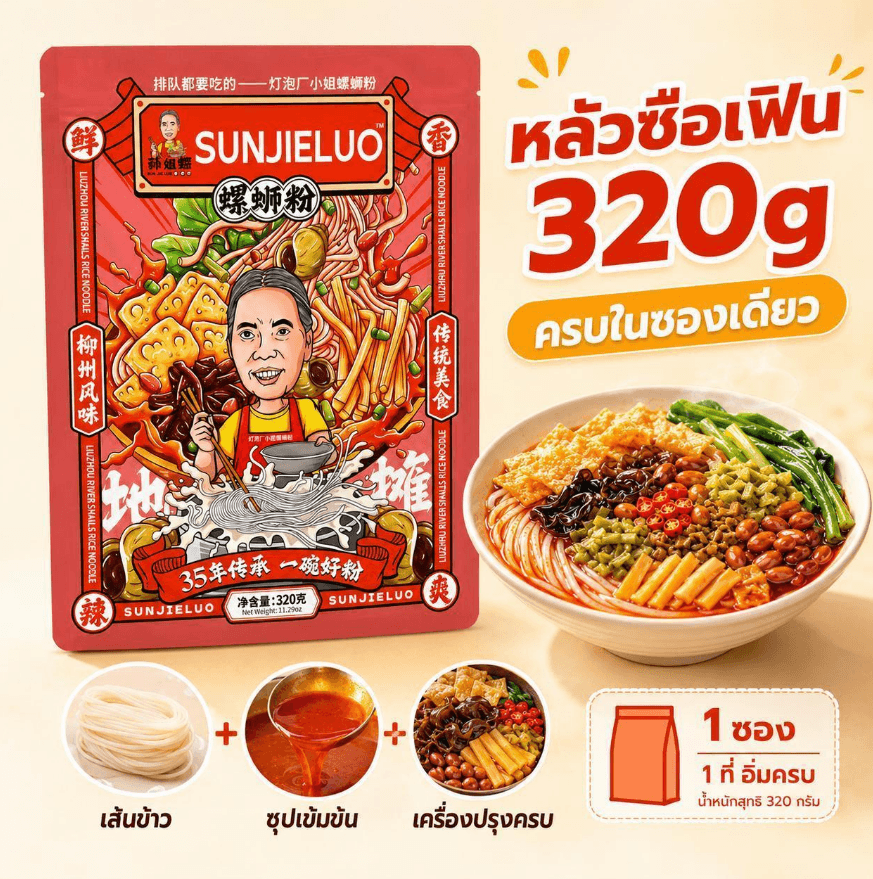 SUNJIELUO Sweet Clam Noodle – Viral Thai Street Food, Soft & Chewy Noodles with Loaded Toppings